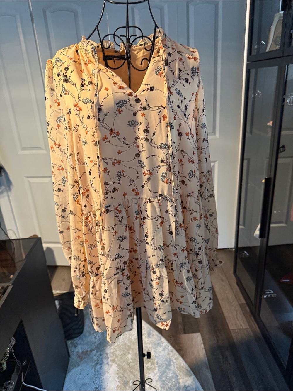 French Connection Cream Floral Long Sleeve Tiered Dress